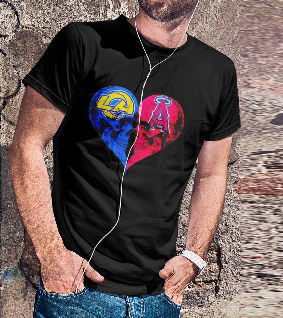 Los Angeles Rams Vs Los Angeles Angels Skulls Heart Face To Face Distressed T-Shirt