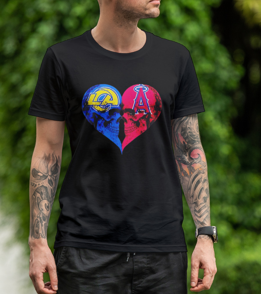 Los Angeles Rams Vs Los Angeles Angels Skulls Heart Face To Face Distressed T-Shirt