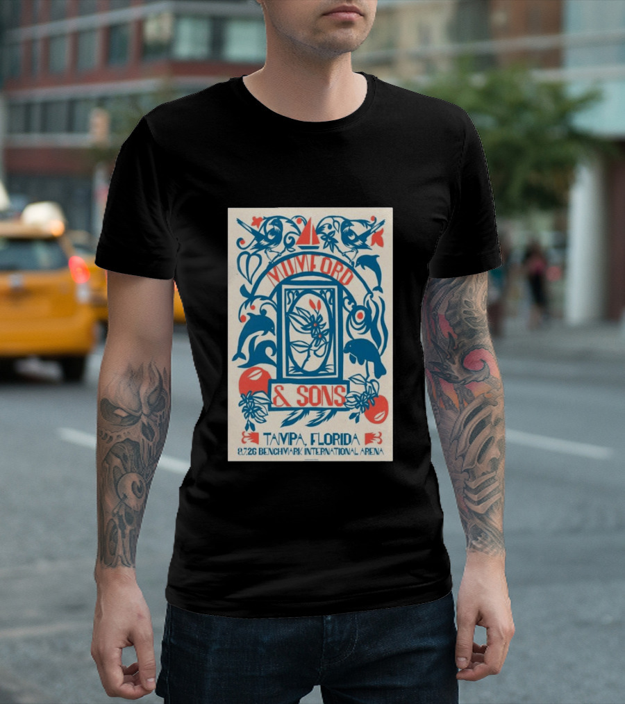 Mumford & Sons August 7 2026 Benchmark International Arena Tampa Florida With Dolphins And Floral Motif T-Shirt