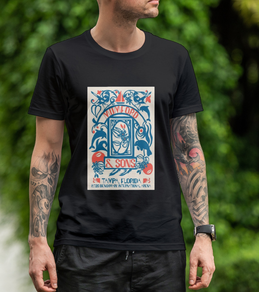 Mumford & Sons August 7 2026 Benchmark International Arena Tampa Florida With Dolphins And Floral Motif T-Shirt