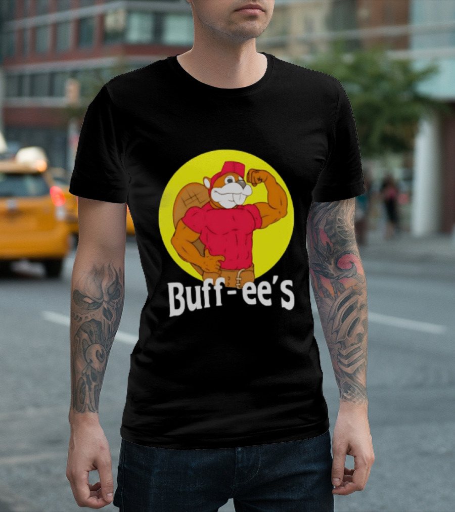 Buff Ee's Strong Muscular Beaver Character In Red Outfit T-Shirt