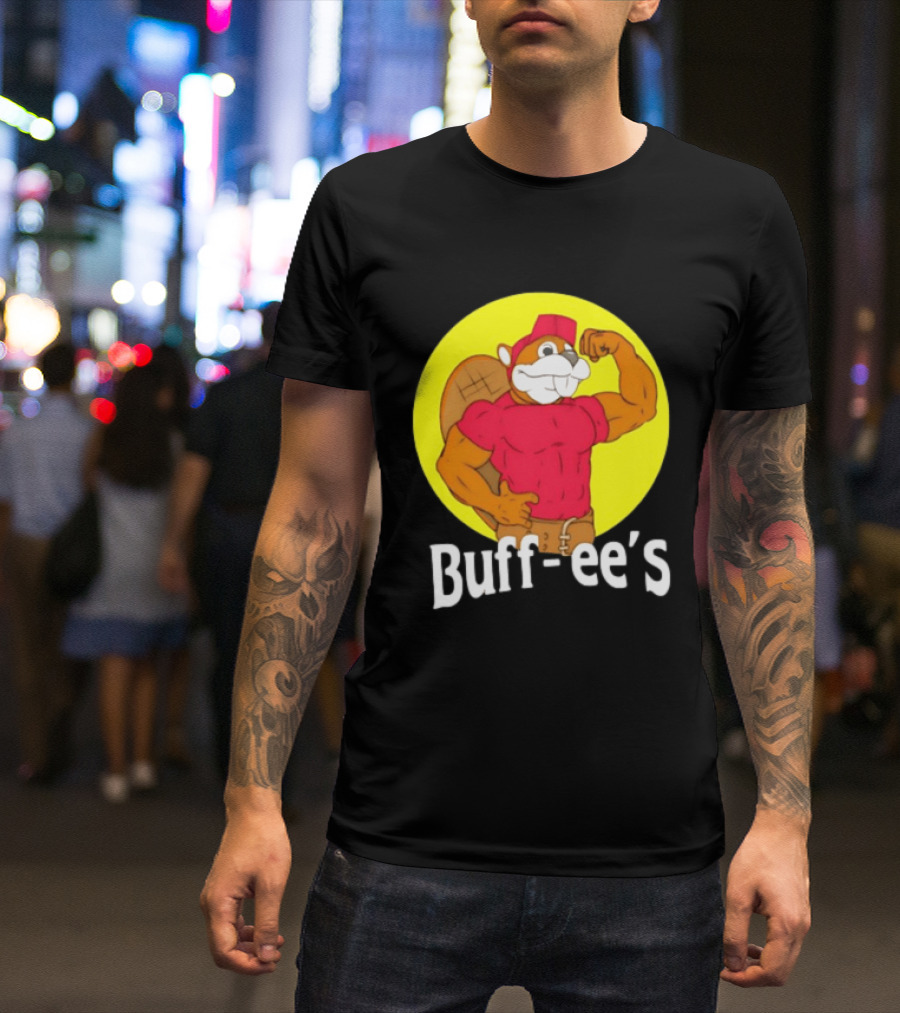 Buff Ee's Strong Muscular Beaver Character In Red Outfit T-Shirt