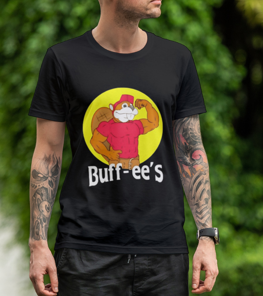 Buff Ee's Strong Muscular Beaver Character In Red Outfit T-Shirt