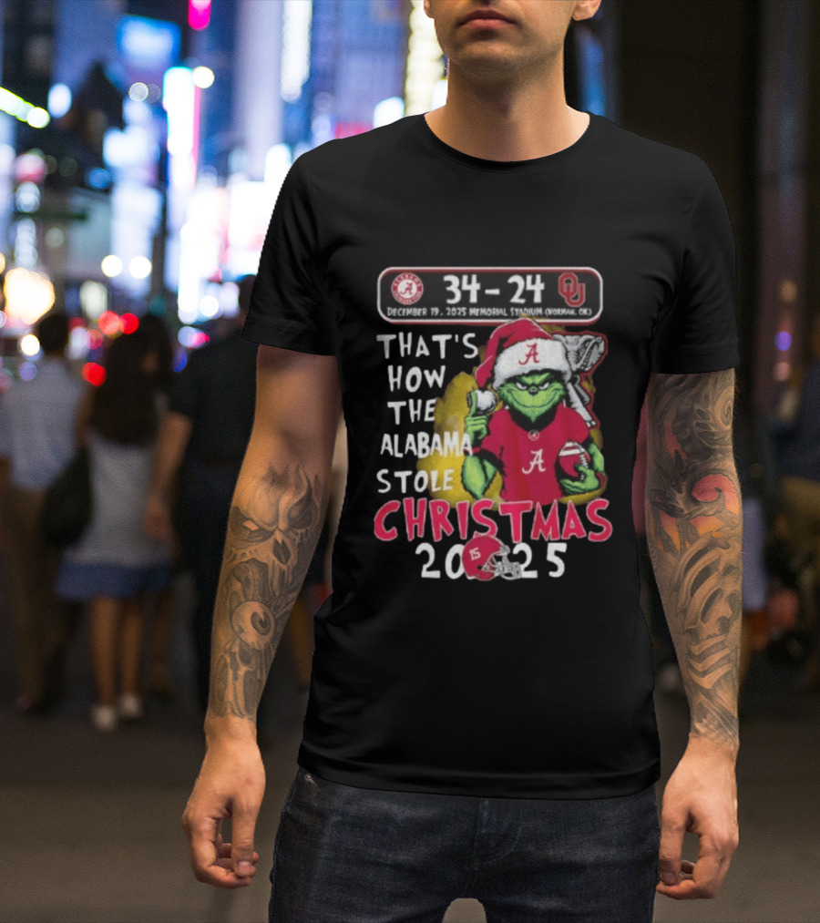 Grinch Santa Alabama Crimson Tide 34 24 Oklahoma Sooners That's How The Alabama Stole Christmas 2025 T-Shirt