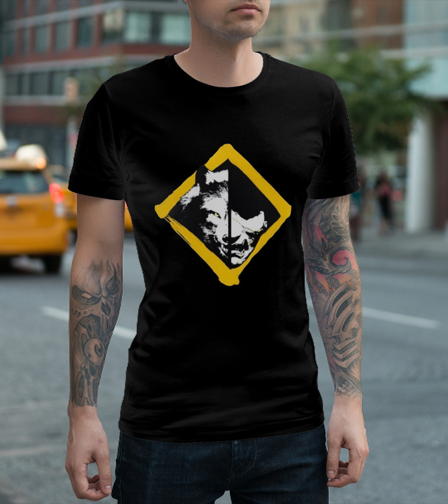 Wolf And Boar Split Face Diamond Yellow Border T-Shirt