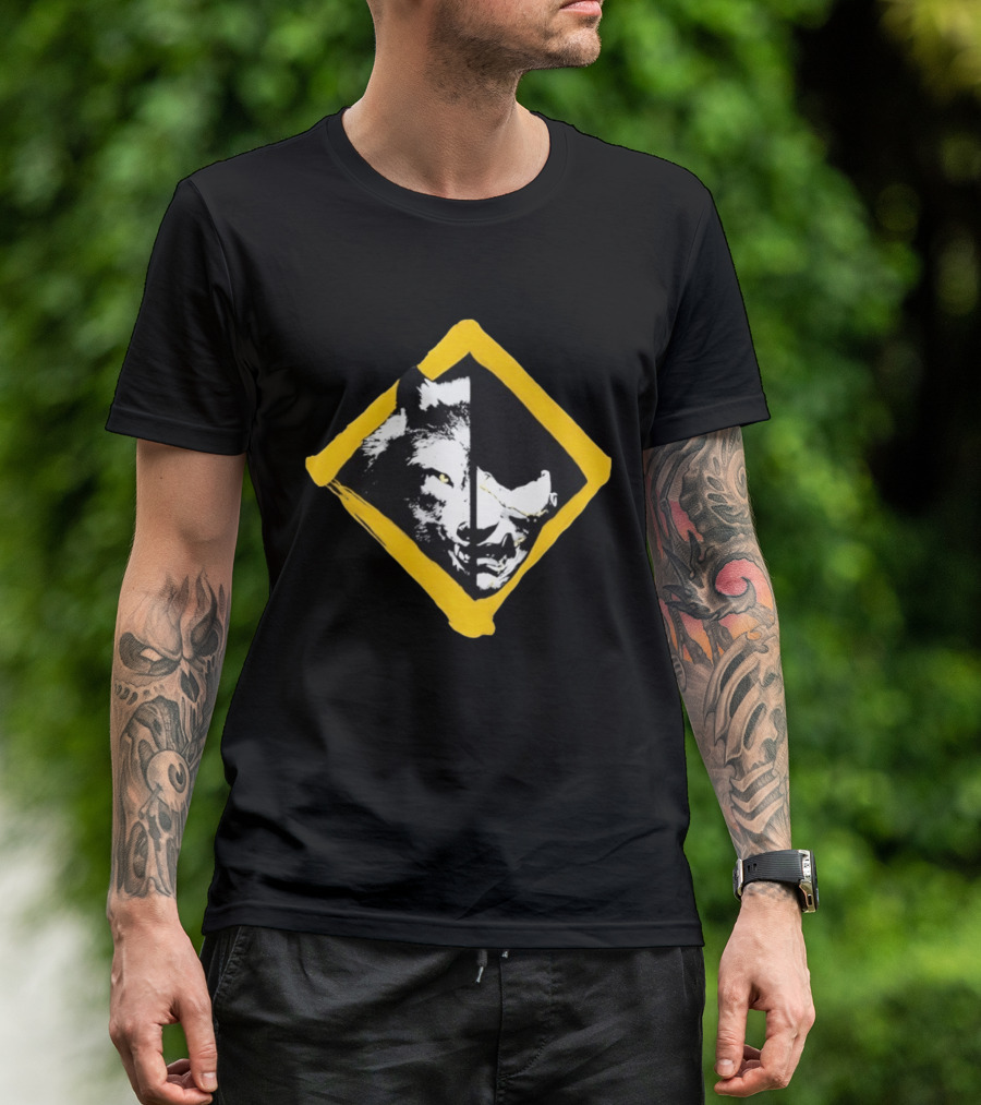 Wolf And Boar Split Face Diamond Yellow Border T-Shirt