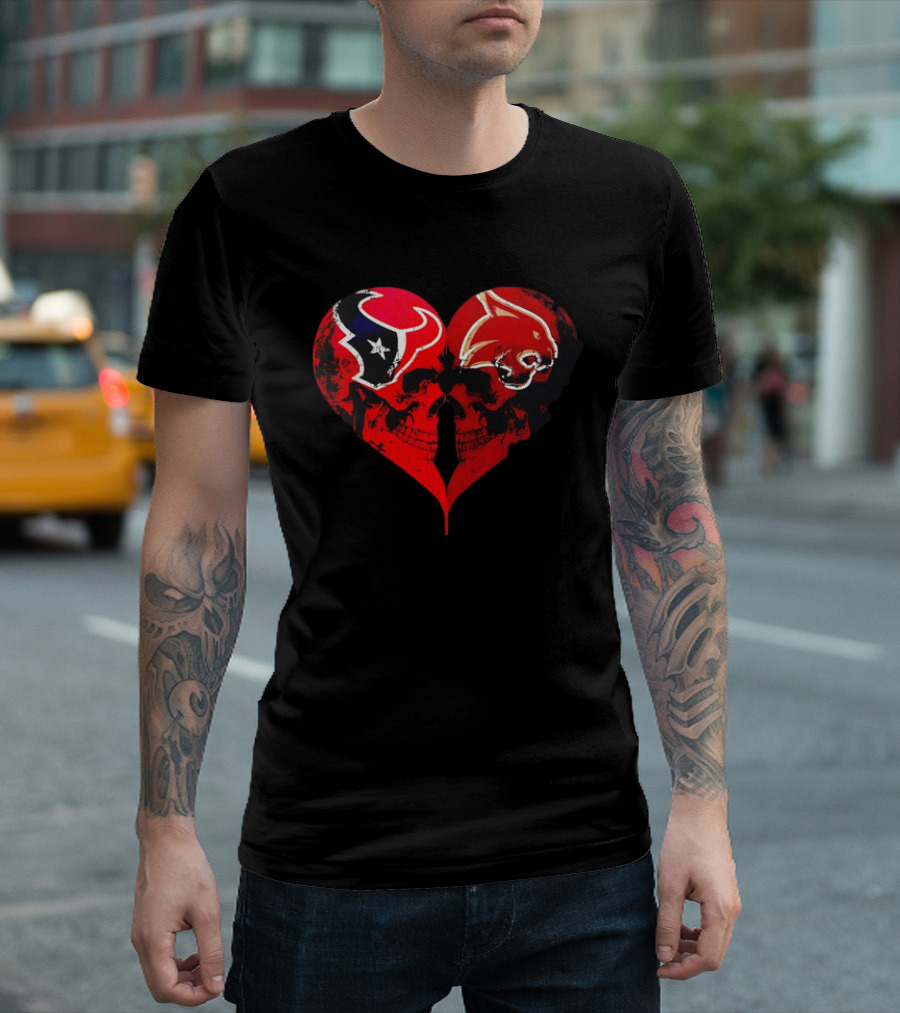 Houston Texans And Tampa Bay Buccaneers Skulls Heart Shape Distressed T-Shirt