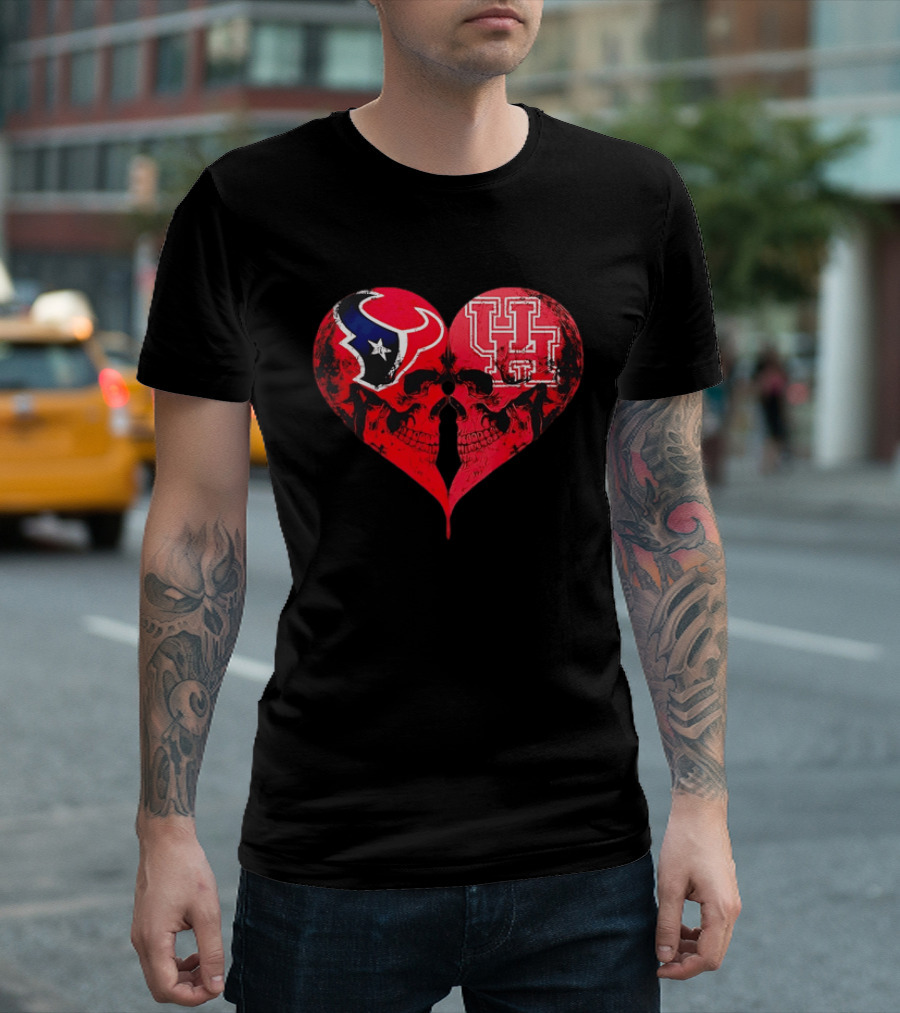 Houston Texans University Of Houston Cougars Heart Shaped Skulls Football Fans T-Shirt
