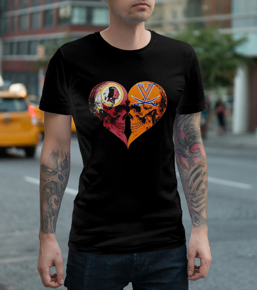 Washington Redskins Virginia Cavaliers Skulls Face To Face Heart Shape Distressed T-Shirt