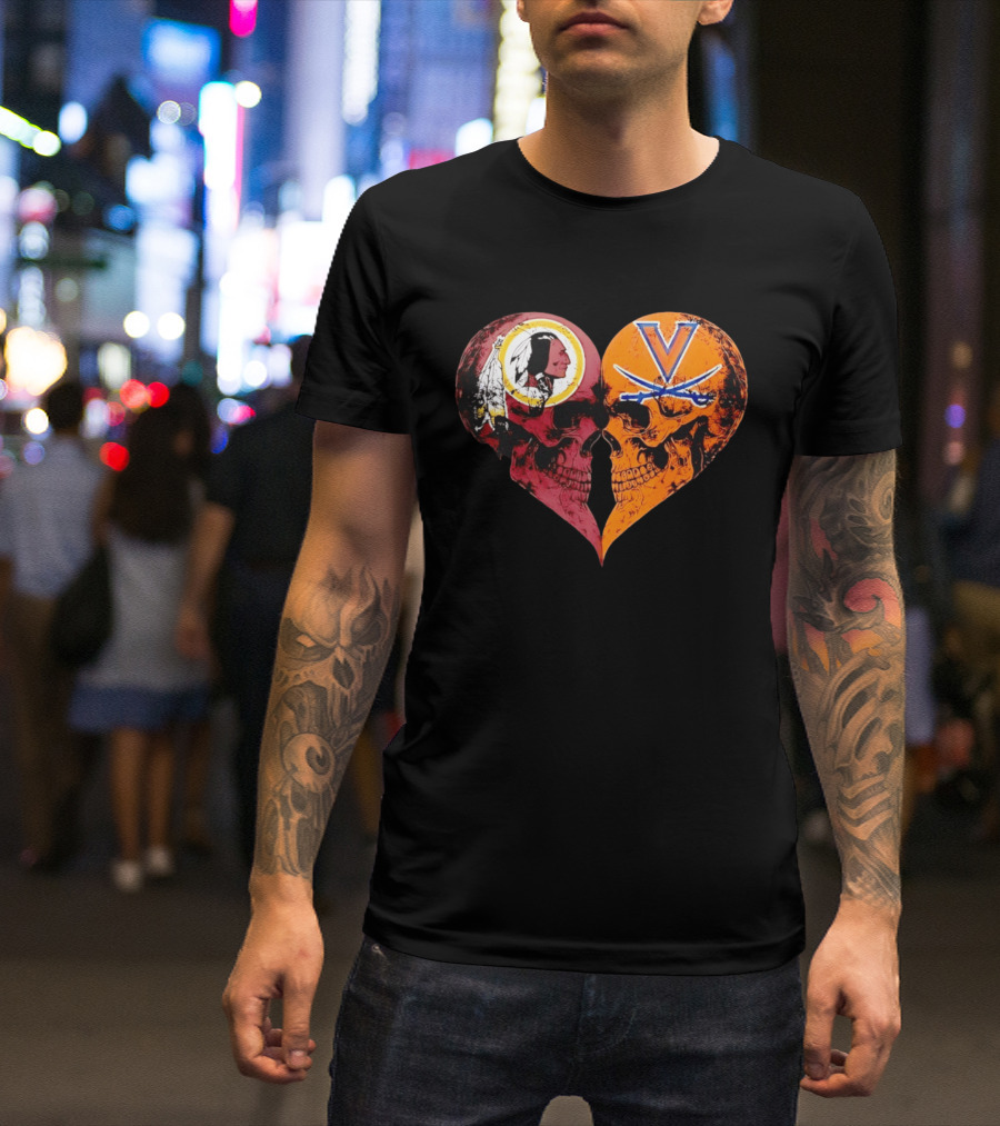Washington Redskins Virginia Cavaliers Skulls Face To Face Heart Shape Distressed T-Shirt