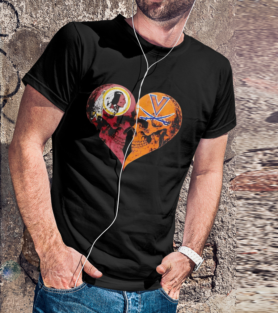 Washington Redskins Virginia Cavaliers Skulls Face To Face Heart Shape Distressed T-Shirt