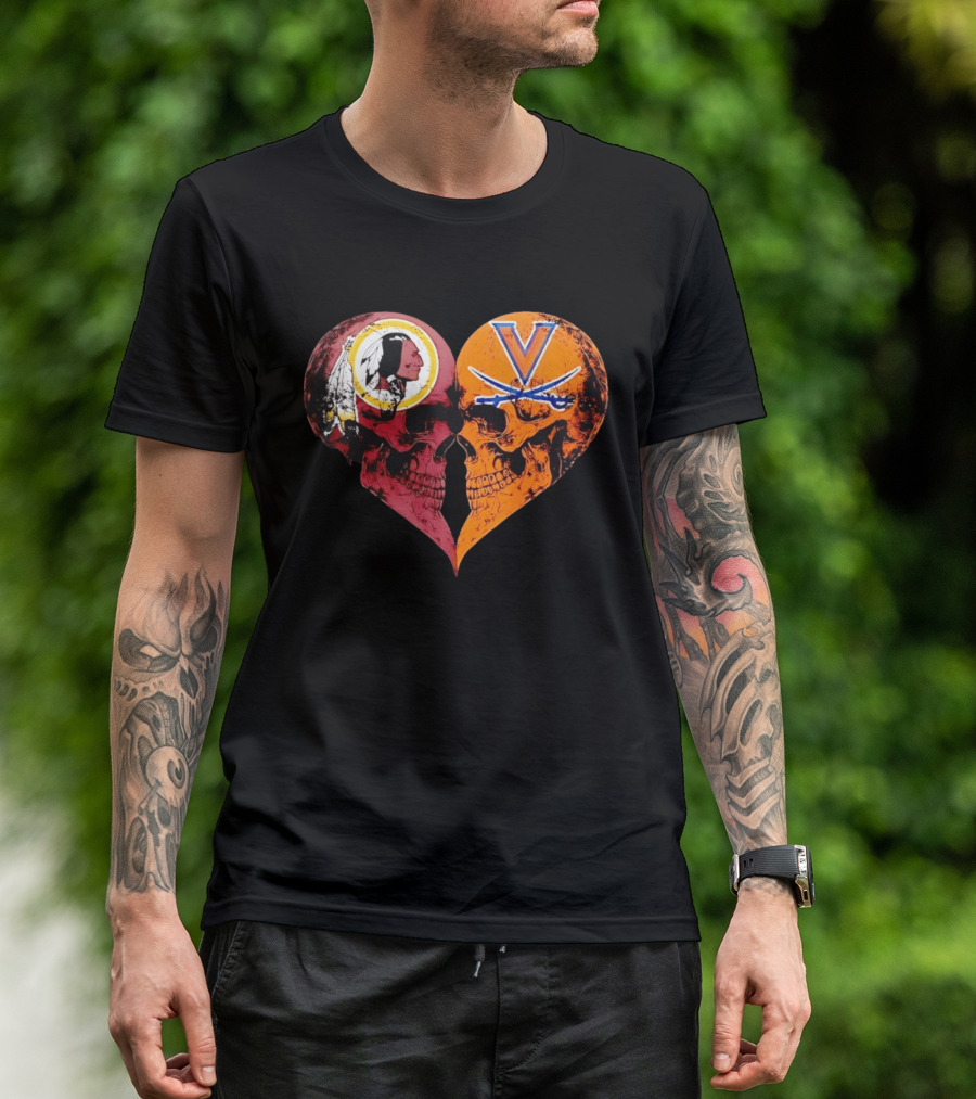 Washington Redskins Virginia Cavaliers Skulls Face To Face Heart Shape Distressed T-Shirt