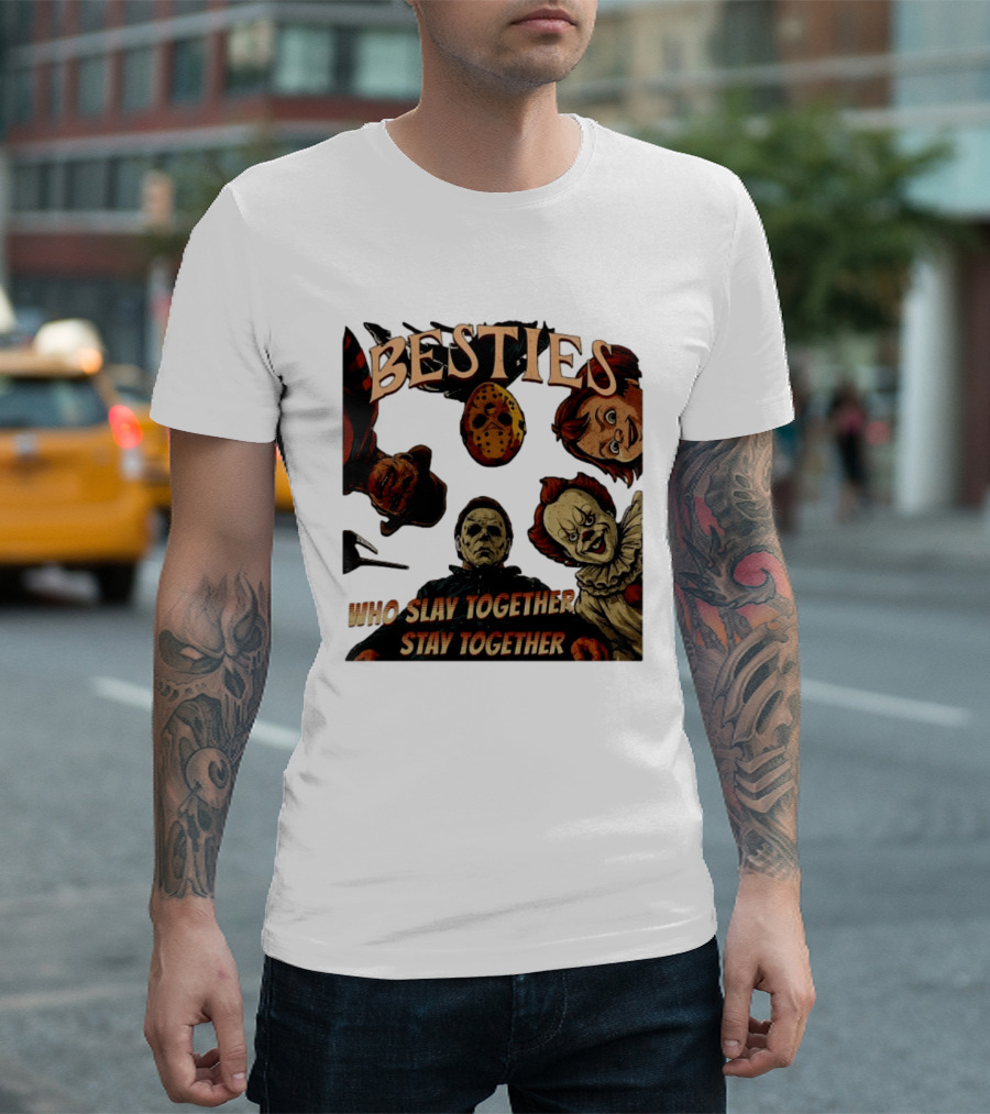 BESTIES Horror Movie Characters Mask Iconic Slayers Pennywise Knife Doll Together T-Shirt