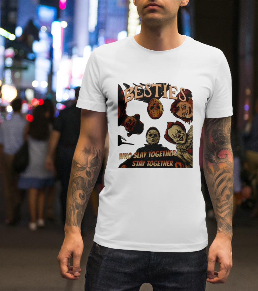BESTIES Horror Movie Characters Mask Iconic Slayers Pennywise Knife Doll Together T-Shirt