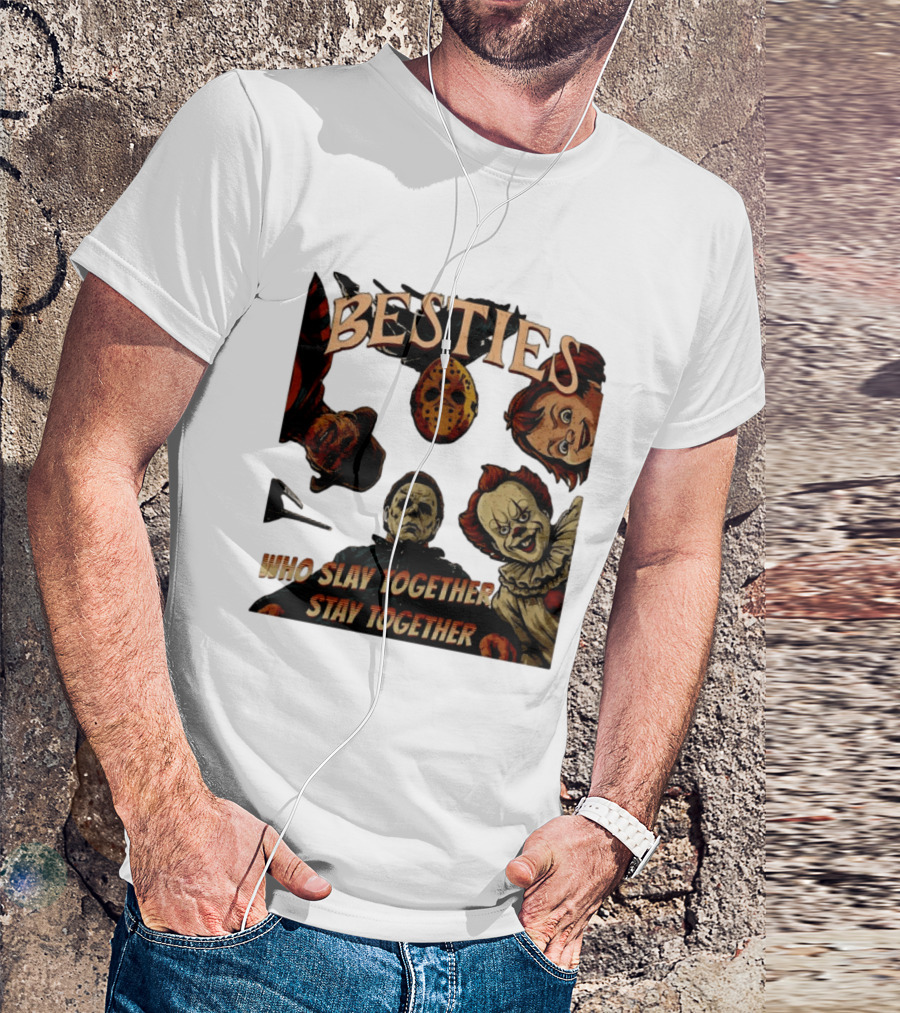 BESTIES Horror Movie Characters Mask Iconic Slayers Pennywise Knife Doll Together T-Shirt