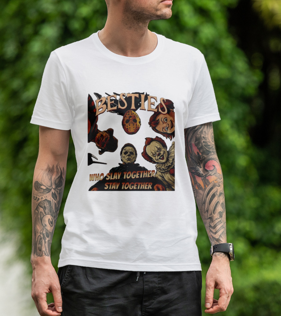 BESTIES Horror Movie Characters Mask Iconic Slayers Pennywise Knife Doll Together T-Shirt