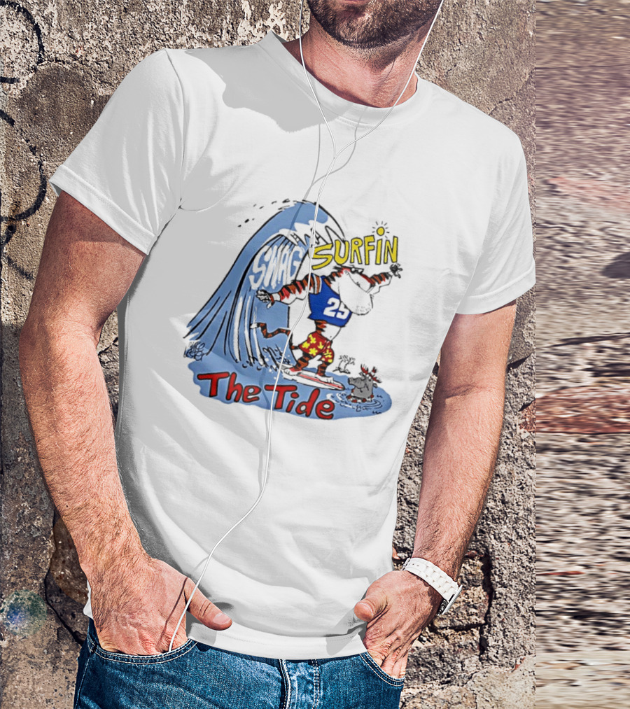 Classic Alabama Gameday Surfin The Tide Tiger In Red Flower Shorts Riding Wave T-Shirt