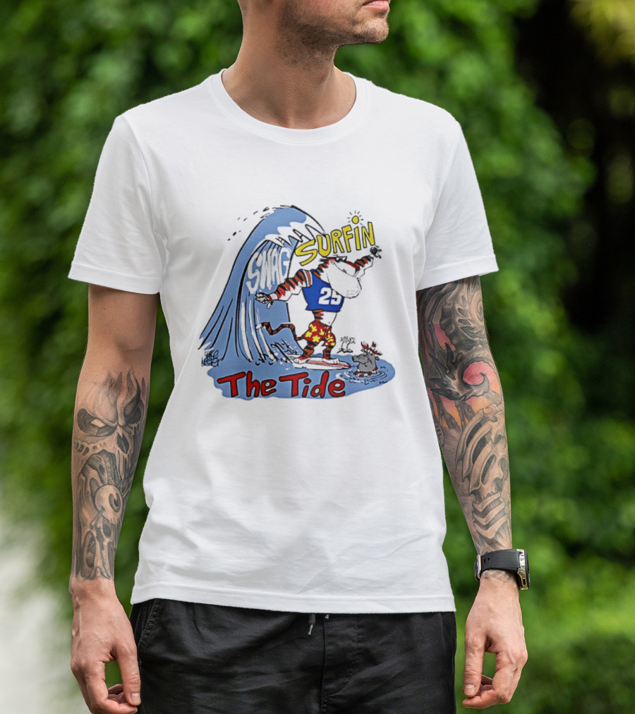 Classic Alabama Gameday Surfin The Tide Tiger In Red Flower Shorts Riding Wave T-Shirt