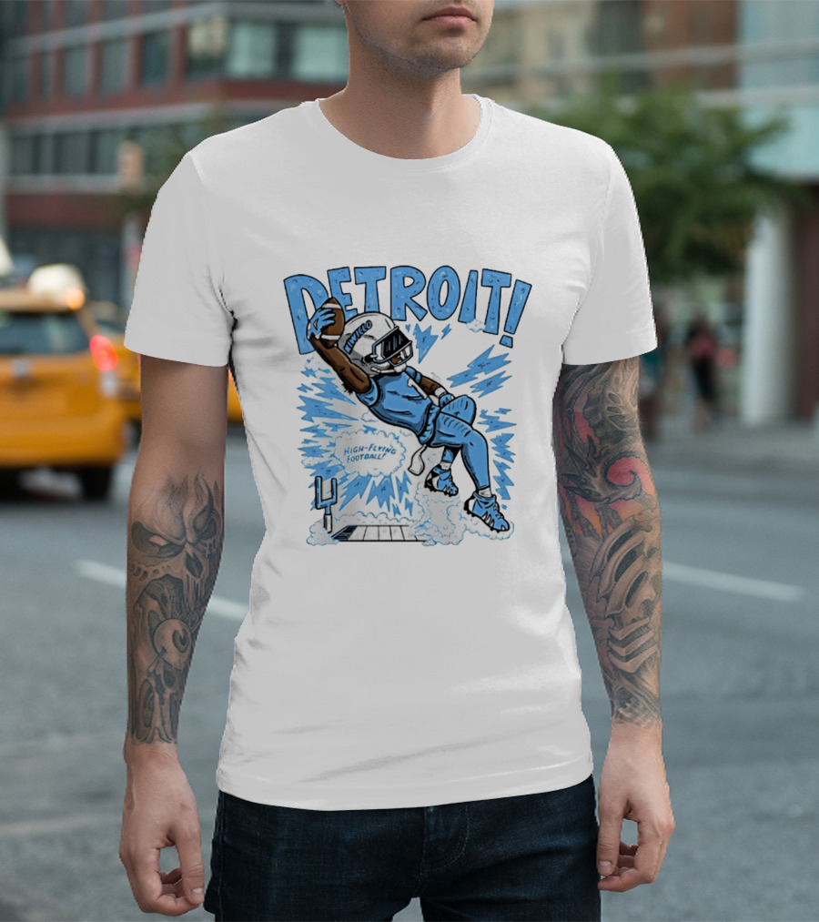 Detroit Lions High Flying Football Dynamic Catch Comic T-Shirt