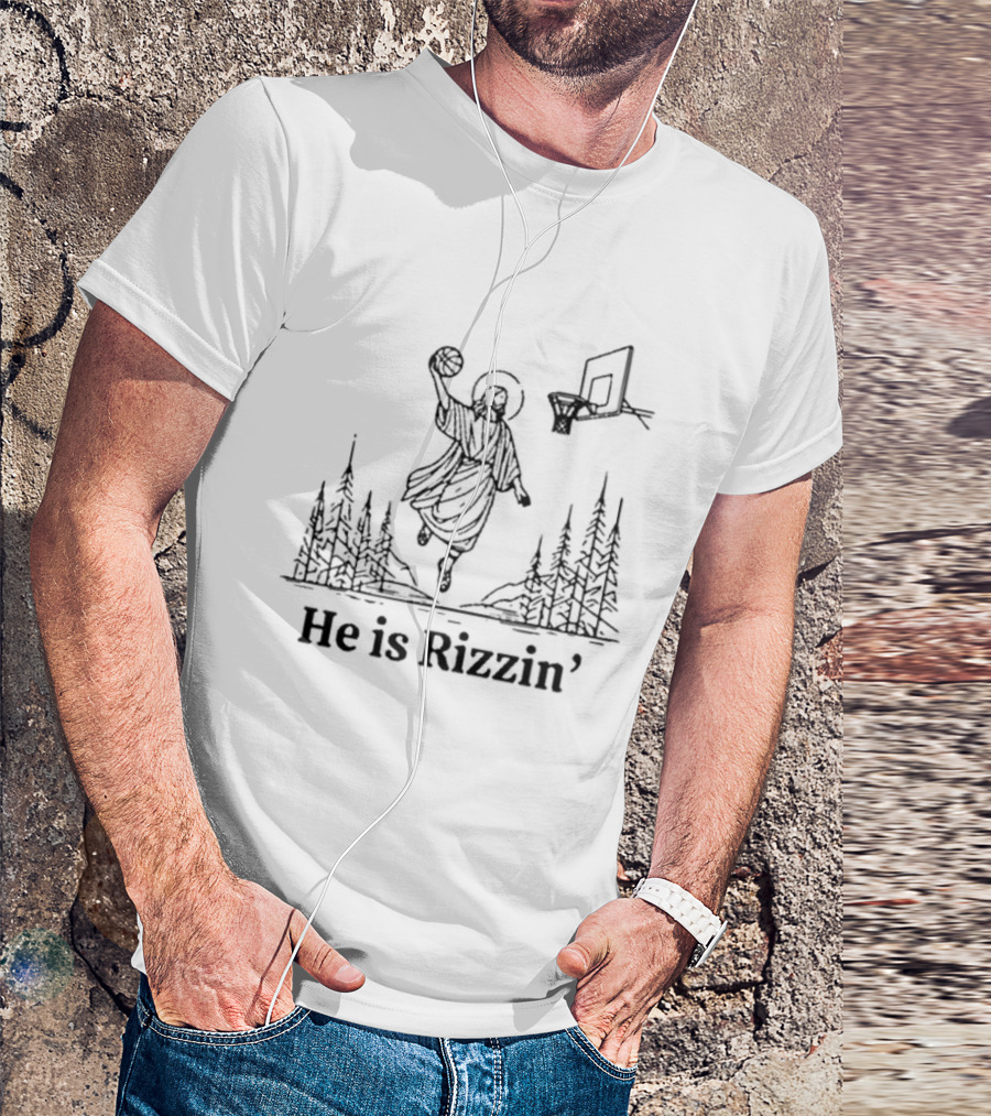 He Is Rizzin Basketball Angel Easter Forest Scene T-Shirt