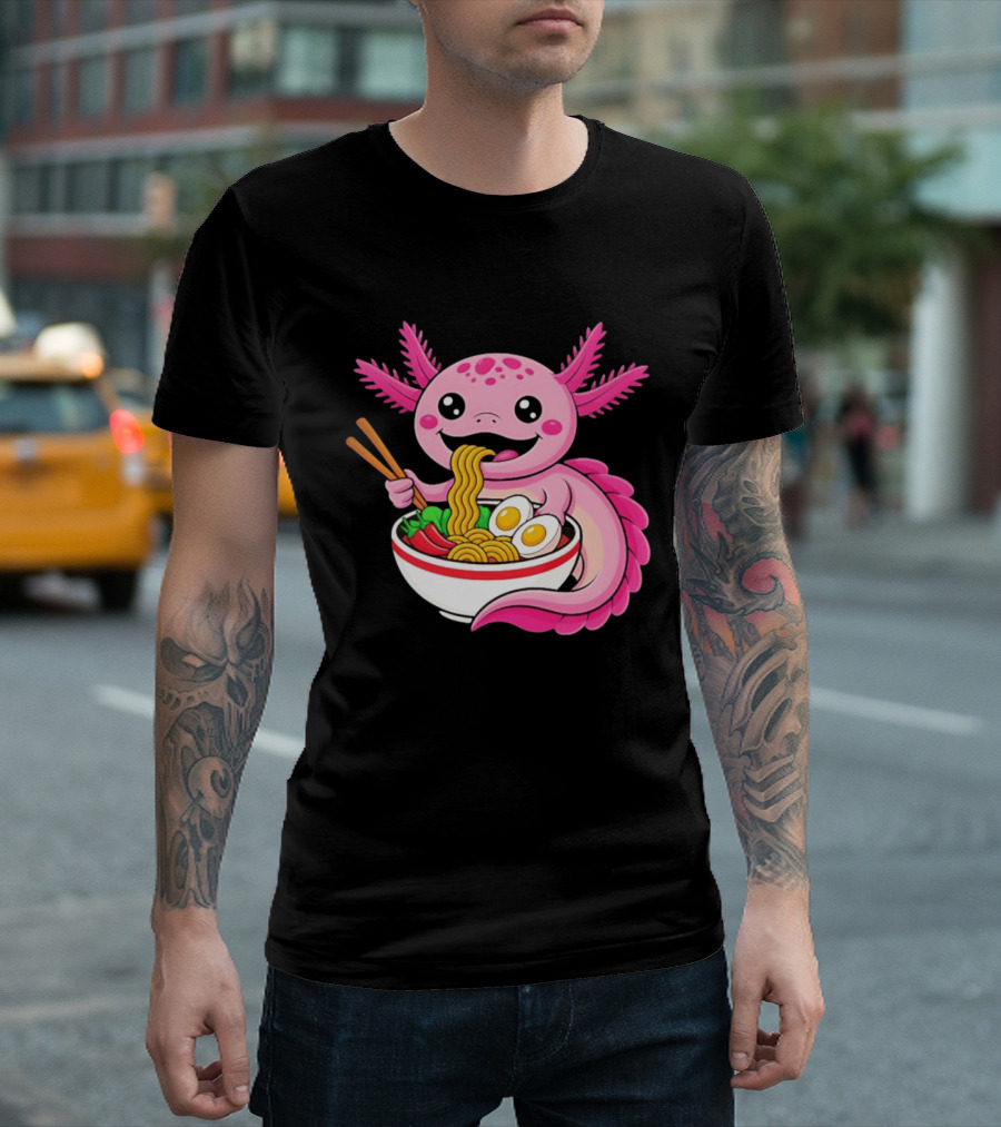 Axolotl Eating Ramen Kawaii Style With Chopsticks And Eggs T-Shirt
