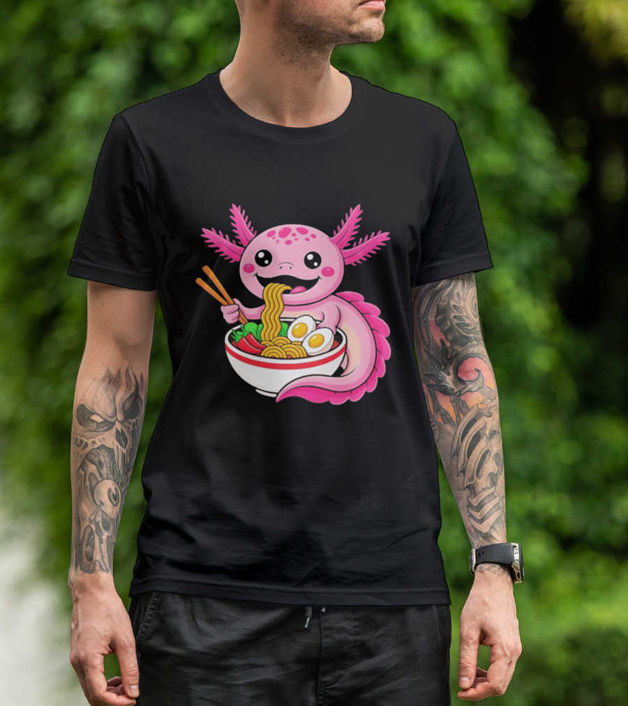 Axolotl Eating Ramen Kawaii Style With Chopsticks And Eggs T-Shirt