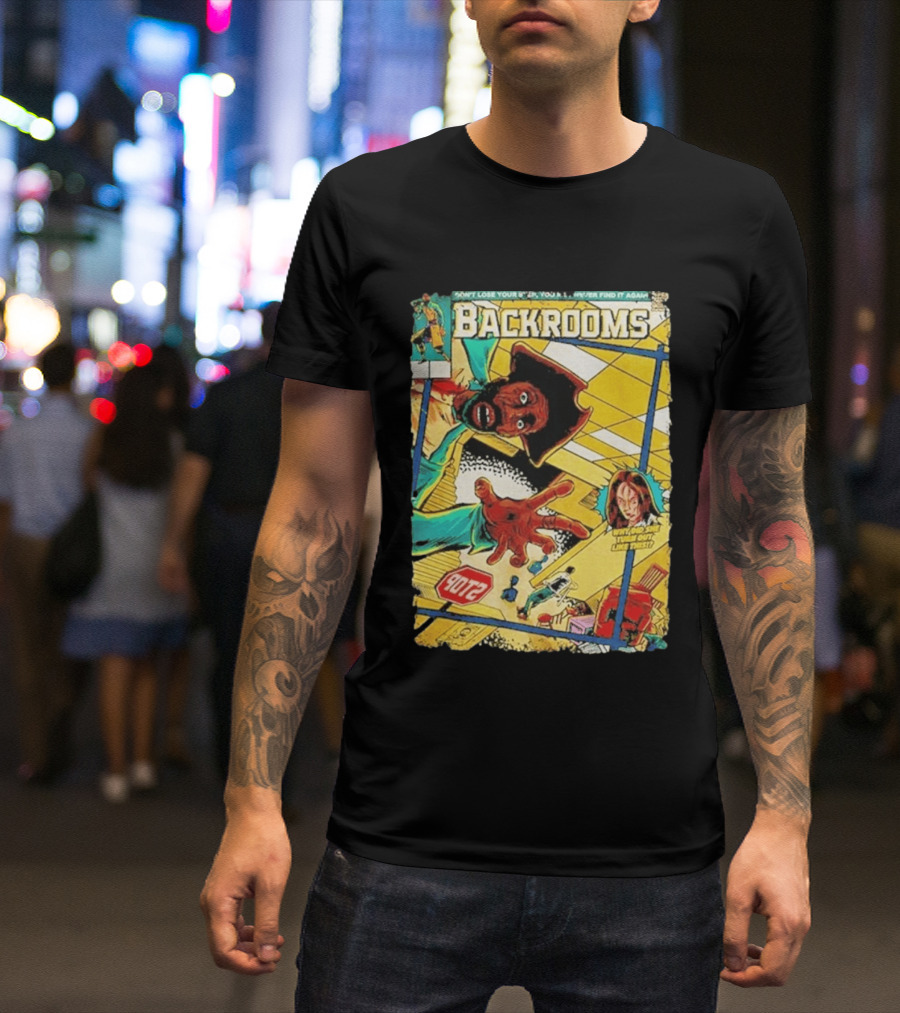 Backrooms Horror Comic Why Did She Turn Out Like This Don't Lose Your Way Stop Sign Creepy Scene T-Shirt