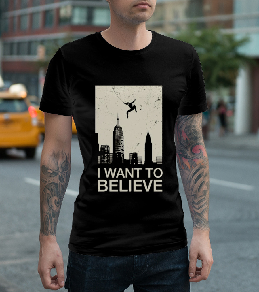 Friking I Want To Believe Swinging Hero Cityscape T-Shirt