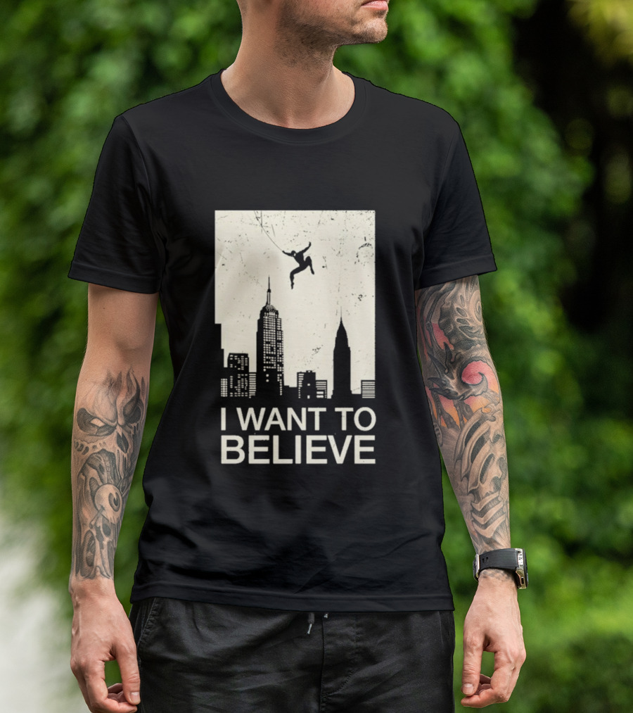 Friking I Want To Believe Swinging Hero Cityscape T-Shirt
