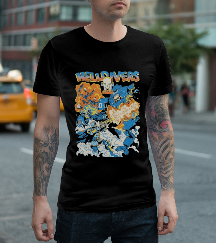 Helldivers Comic Style Explosive Battle Scene Skulls Robots Flames T-Shirt