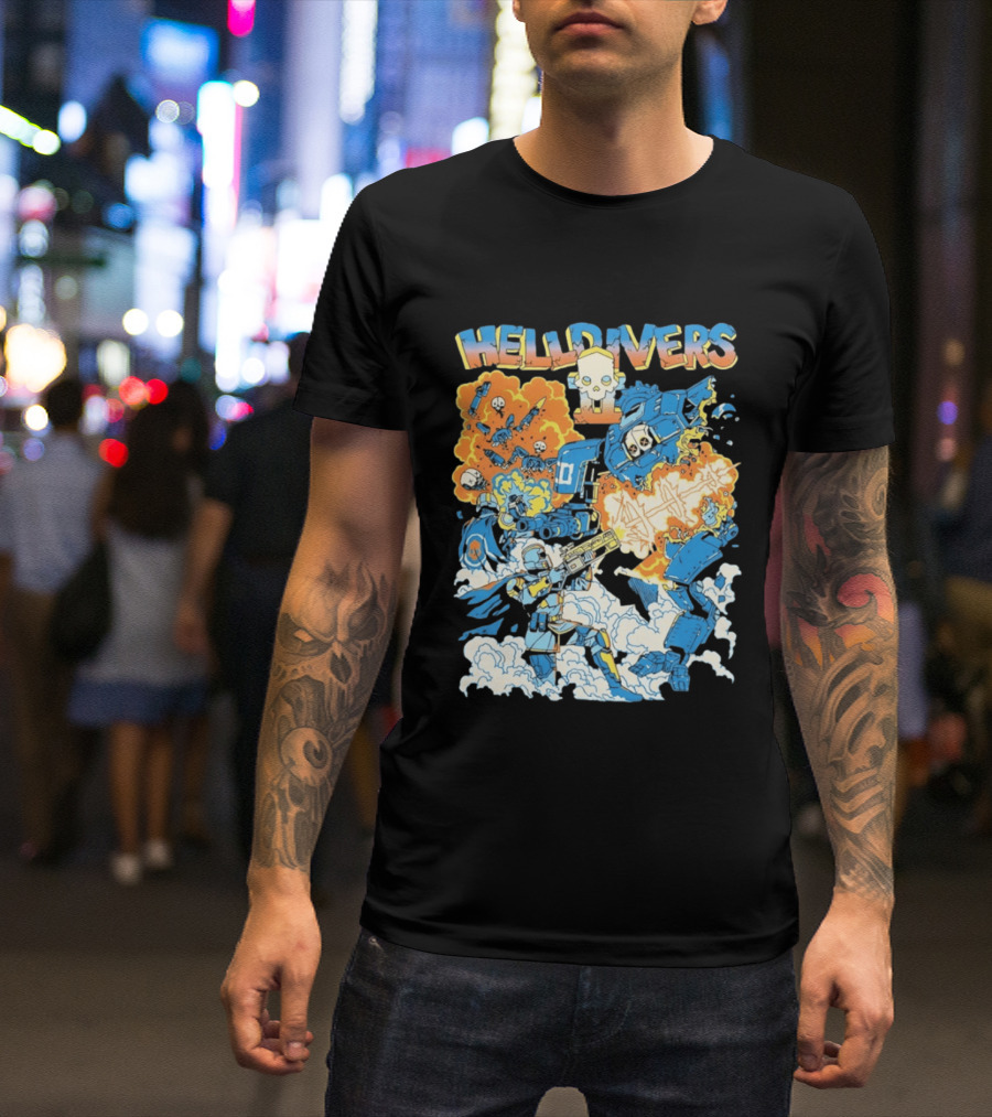 Helldivers Comic Style Explosive Battle Scene Skulls Robots Flames T-Shirt