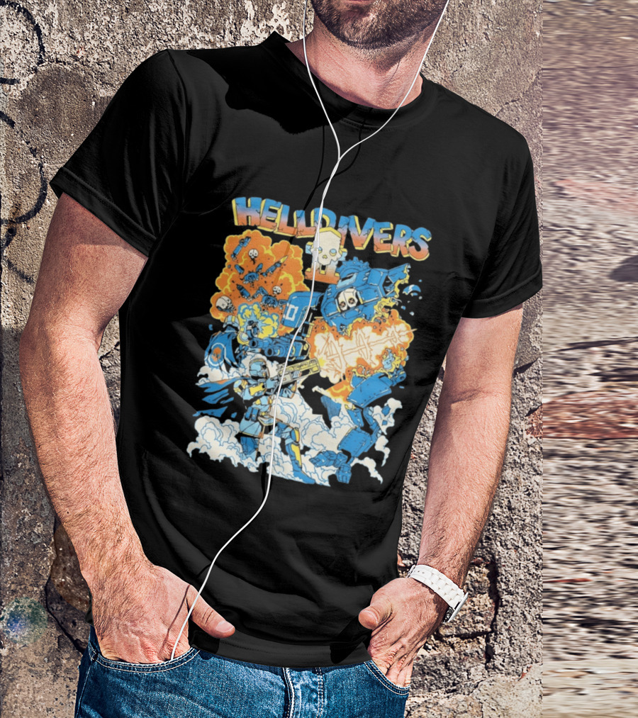 Helldivers Comic Style Explosive Battle Scene Skulls Robots Flames T-Shirt
