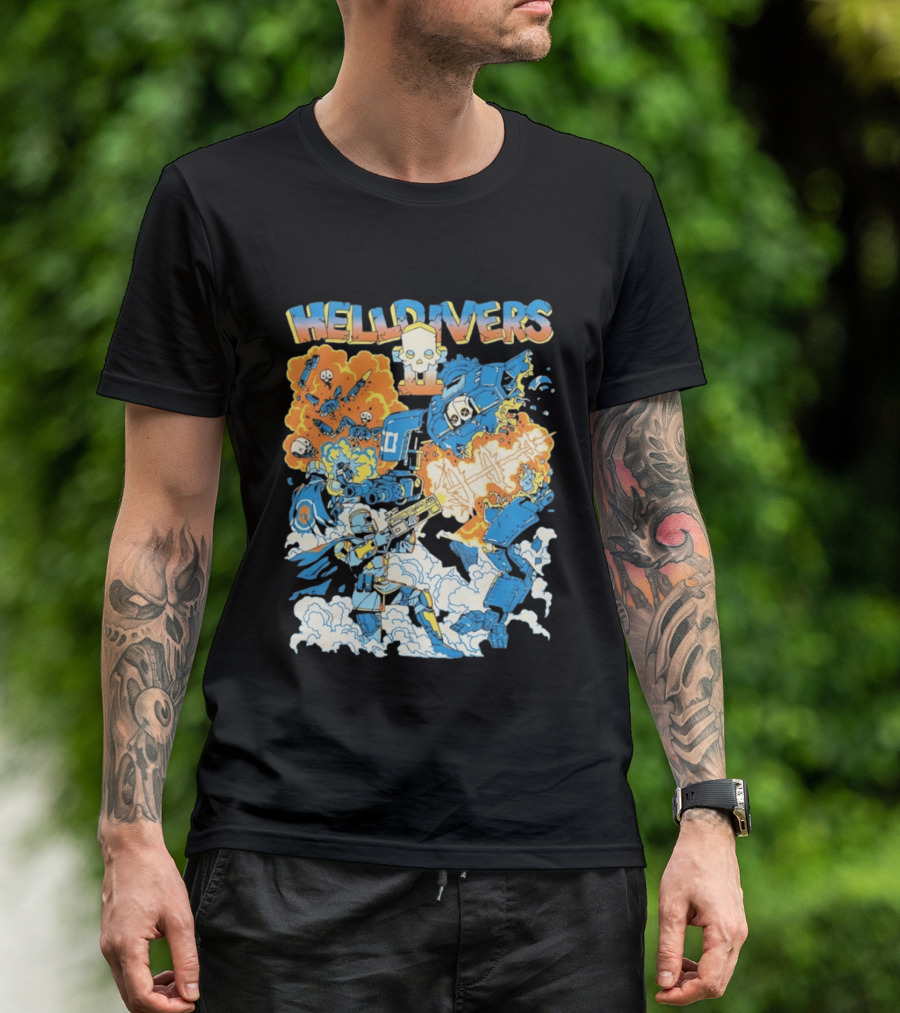 Helldivers Comic Style Explosive Battle Scene Skulls Robots Flames T-Shirt