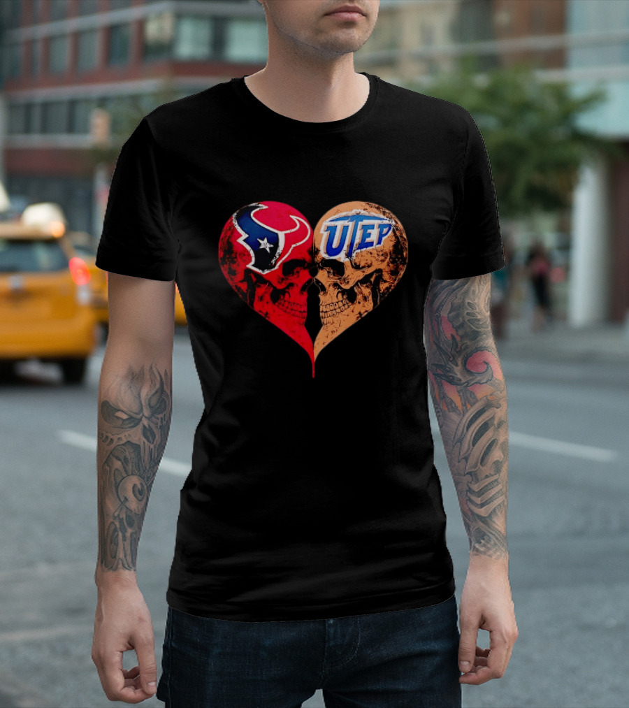Houston Texans UTEP Miners Skulls Heart Shape Face To Face T-Shirt