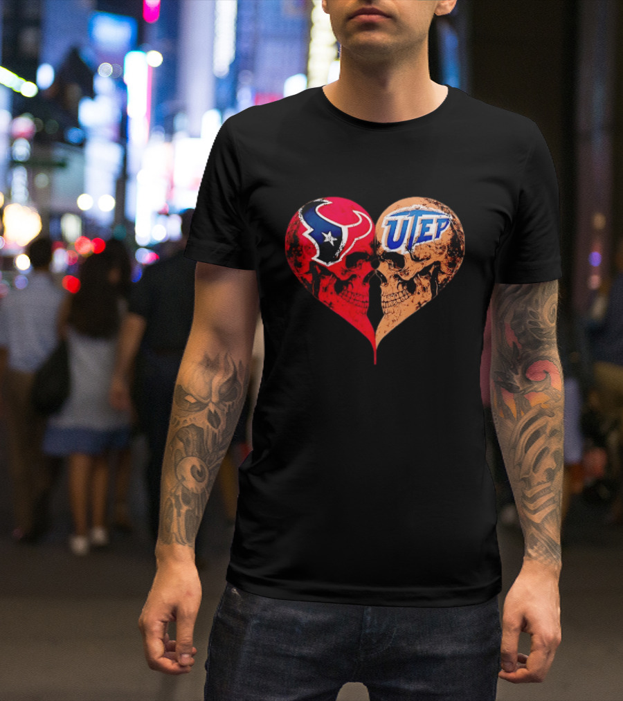 Houston Texans UTEP Miners Skulls Heart Shape Face To Face T-Shirt