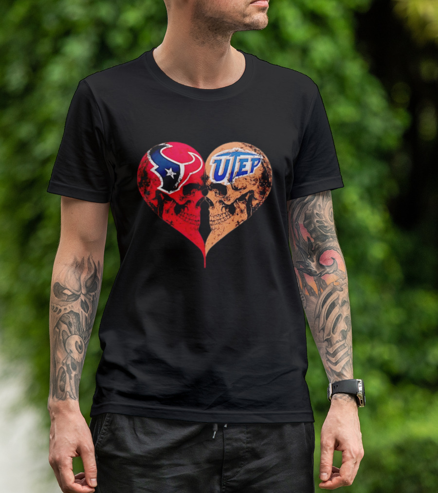 Houston Texans UTEP Miners Skulls Heart Shape Face To Face T-Shirt