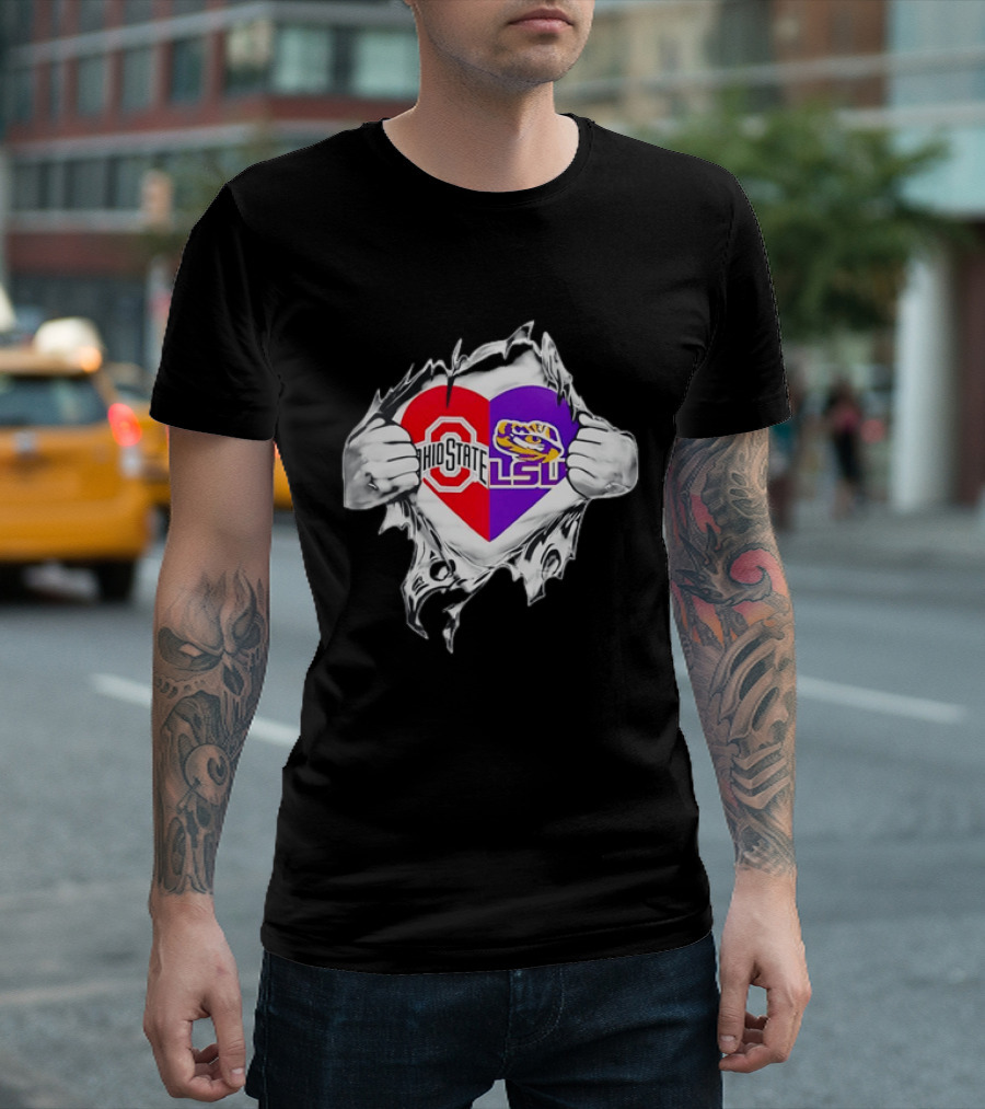 Ohio State LSU Heart Ripped Open Fan T-Shirt