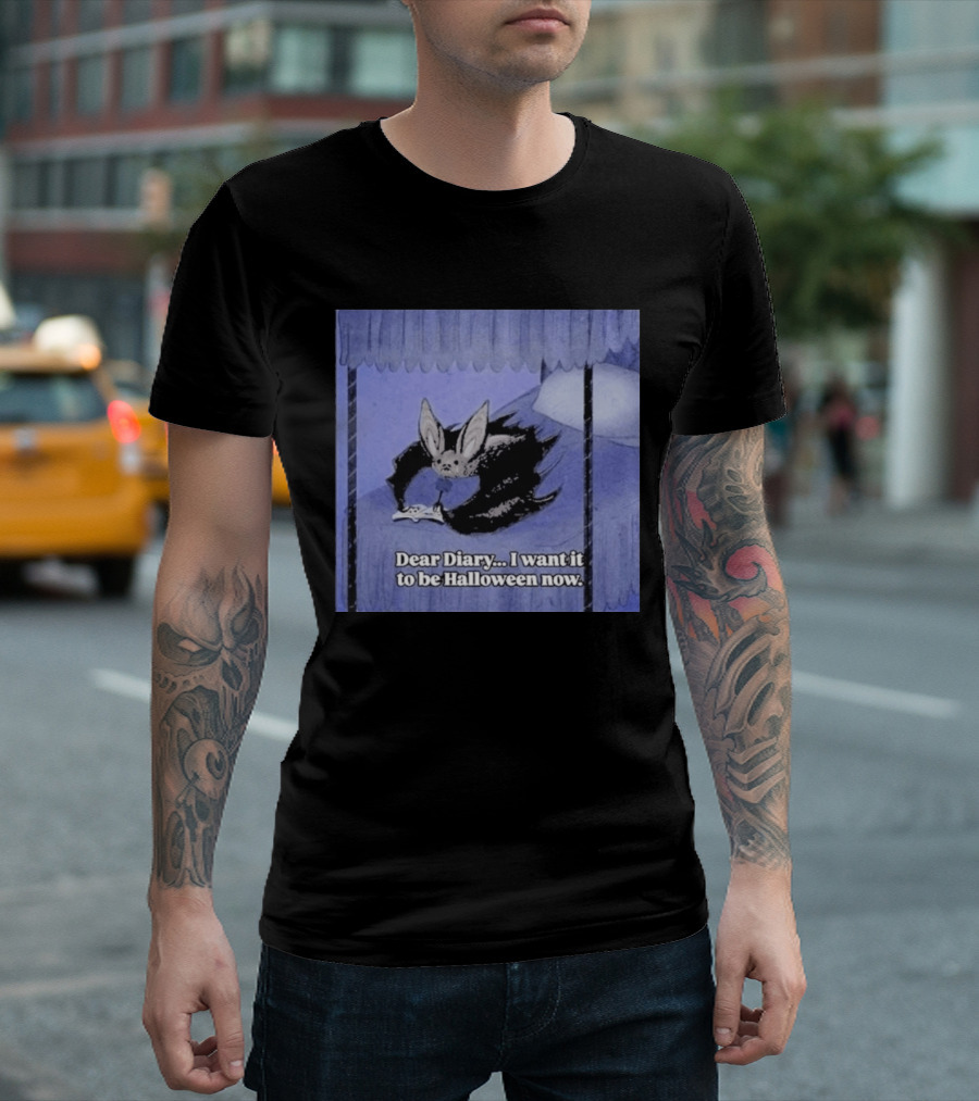 Dear Diary I Want It To Be Halloween Now Bat Creature Bed Scene T-Shirt