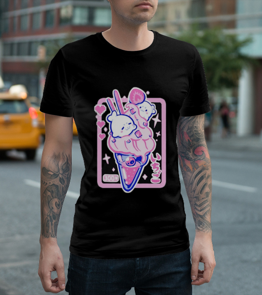Kawaii Strawberry Ice Cream With Seals And 300 Yen Cute Hearts T-Shirt