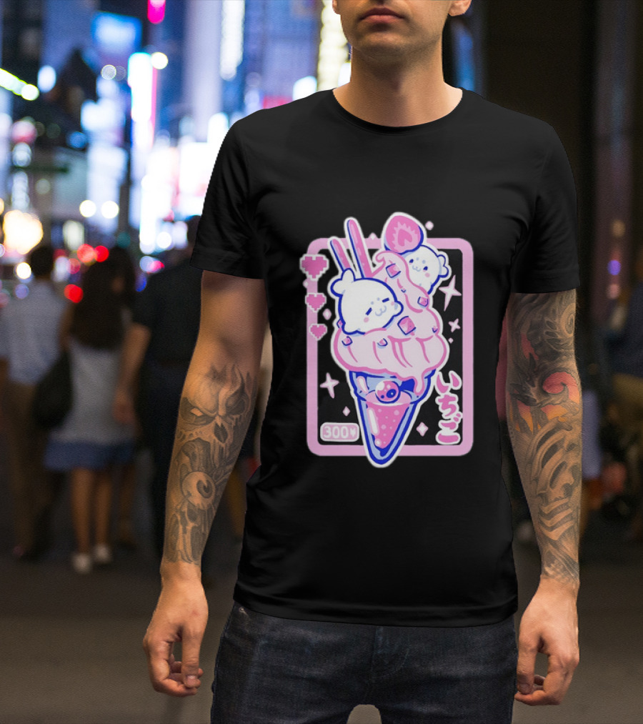 Kawaii Strawberry Ice Cream With Seals And 300 Yen Cute Hearts T-Shirt