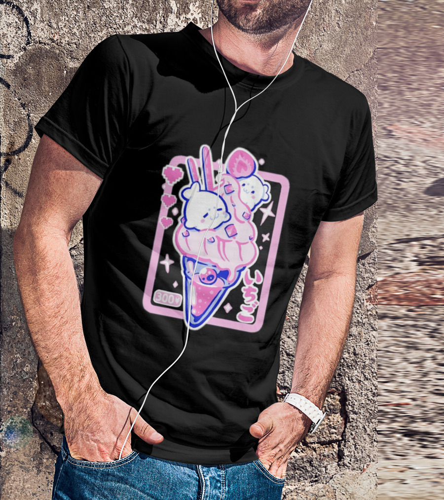Kawaii Strawberry Ice Cream With Seals And 300 Yen Cute Hearts T-Shirt