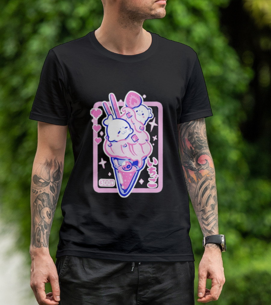 Kawaii Strawberry Ice Cream With Seals And 300 Yen Cute Hearts T-Shirt