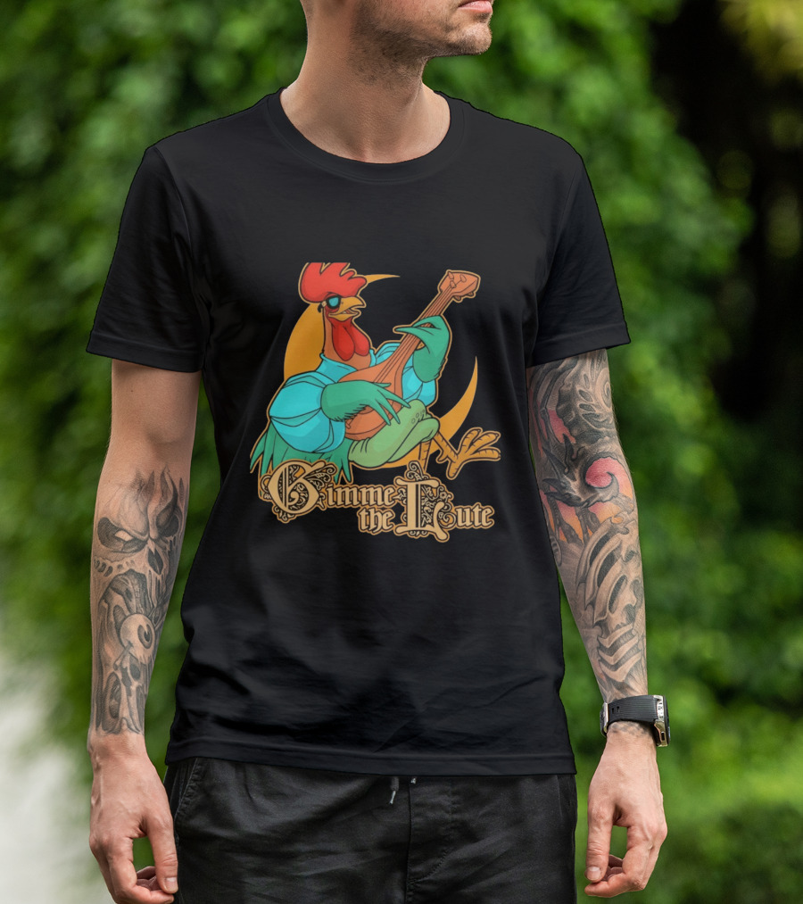 Rooster Musician Gimme The Lute Bard Funny Chicken Playing Instrument T-Shirt