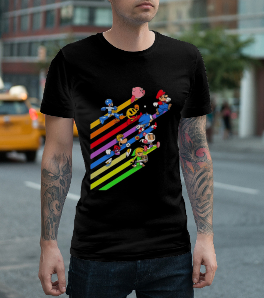 Legends Gaming Mario Pac Man Mega Man Sonic Link Kirby Bomberman Rayman Characters T-Shirt