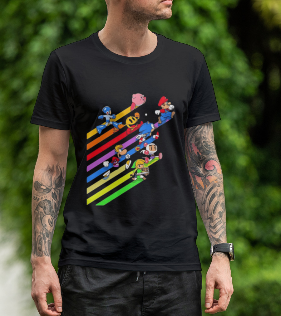Legends Gaming Mario Pac Man Mega Man Sonic Link Kirby Bomberman Rayman Characters T-Shirt
