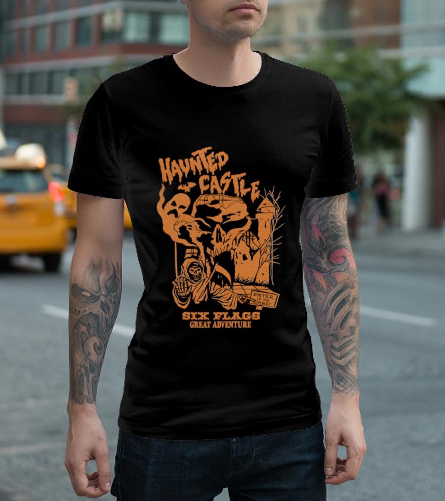 Six Flags Great Adventure Haunted Castle Enter If You Dare Spooky Skeleton And Ghosts T-Shirt