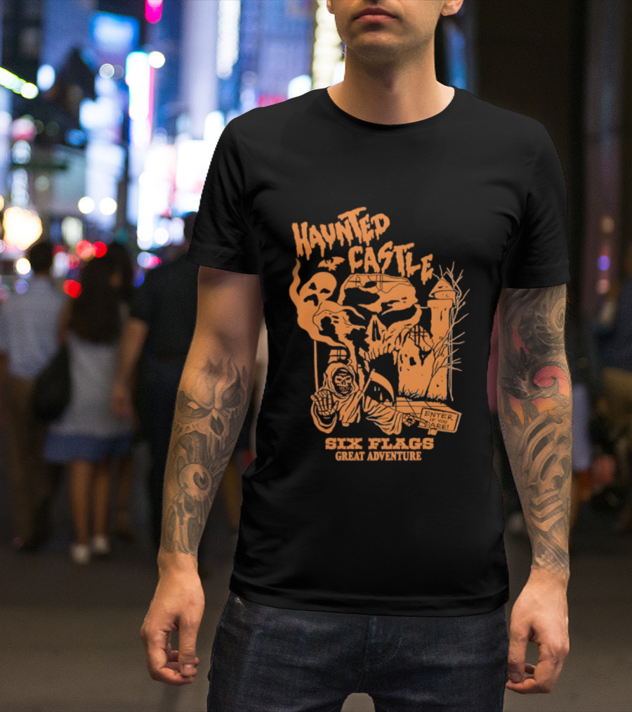 Six Flags Great Adventure Haunted Castle Enter If You Dare Spooky Skeleton And Ghosts T-Shirt