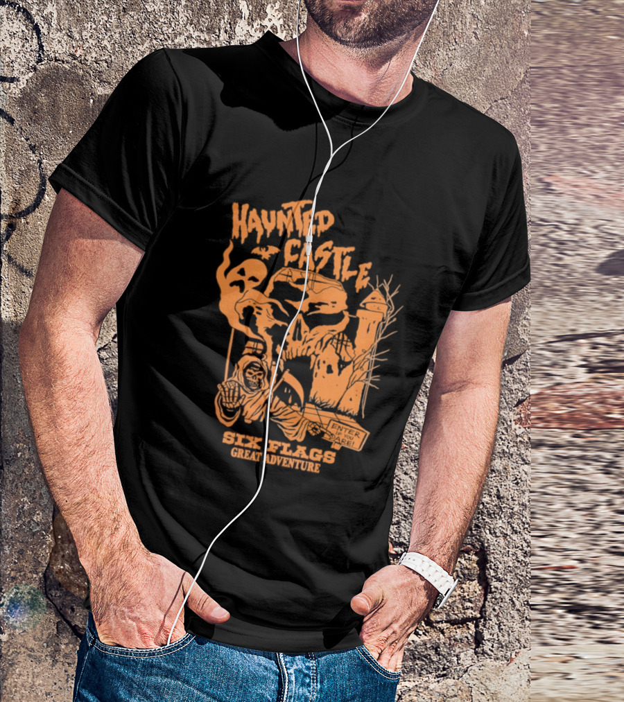 Six Flags Great Adventure Haunted Castle Enter If You Dare Spooky Skeleton And Ghosts T-Shirt