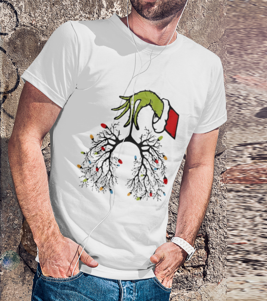 Christmas 2025 Nurse Lungs With Lights And Green Hand Santa Sleeve T-Shirt