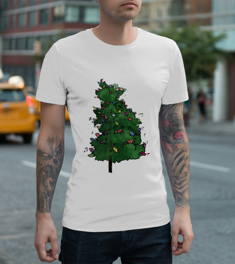 Colorful Singing Birds In Evergreen Tree With Musical Notes T-Shirt